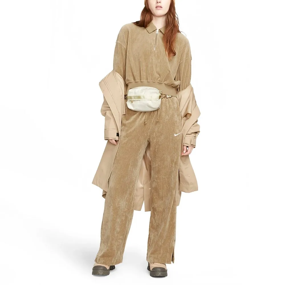 Velveteen High-Waisted Wide-Leg Pants Beige фото