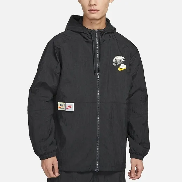 Zip Double Swoosh Windbreaker Hooded Jacket Black