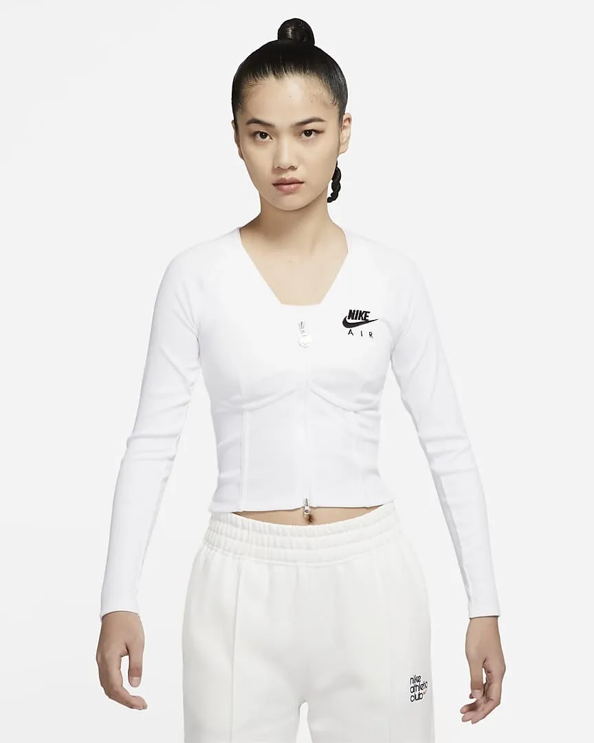 Fuii-Zip Top Ribbed Long Sleeve Tee White