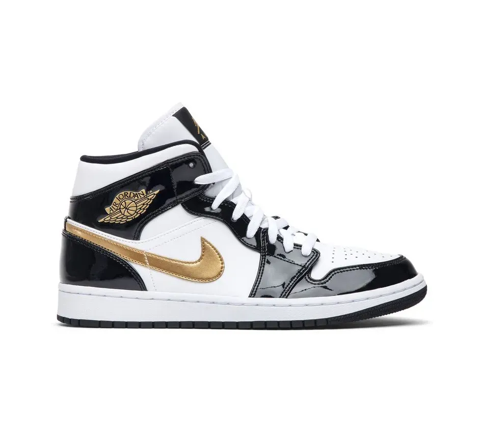 Air Jordan 1 Mid Patent Black White Gold фото