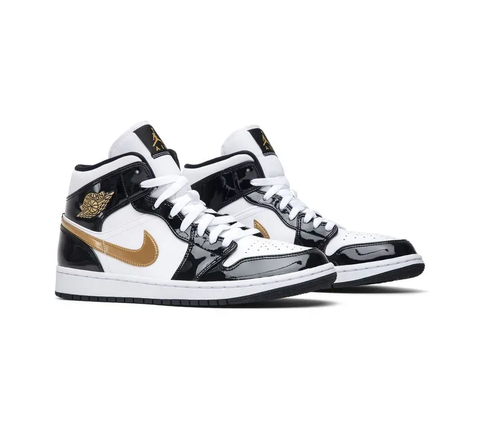 Air Jordan 1 Mid Patent Black White Gold фото