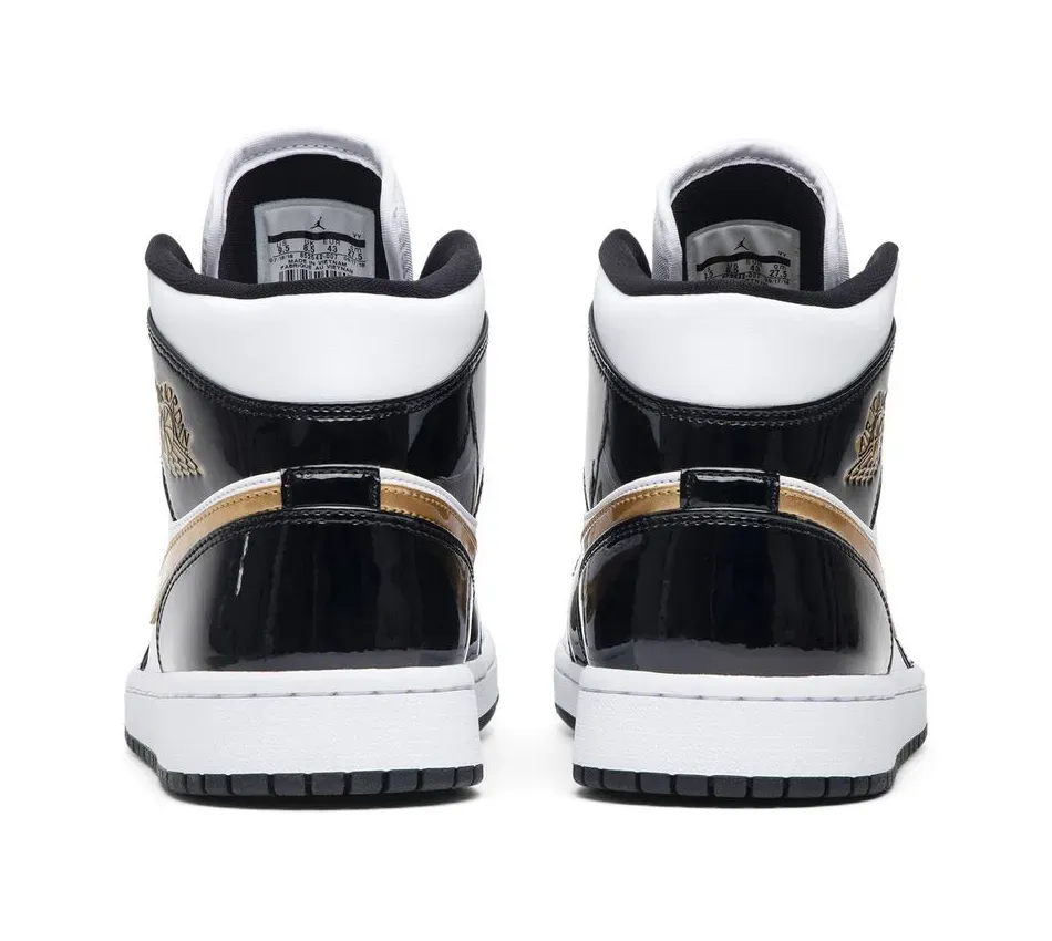 Air Jordan 1 Mid Patent Black White Gold фото
