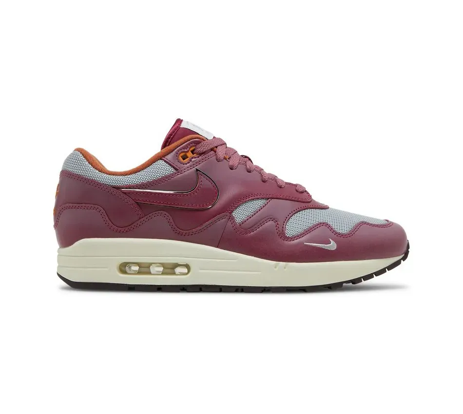 Низкие кроссовки Nike Air Max 1 Patta Waves Rush Maroon Without Bracelet (Бордовые) Унисекс