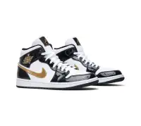 Air Jordan 1 Mid Patent Black White Gold фото