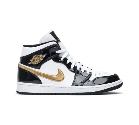 Air Jordan 1 Mid Patent Black White Gold фото